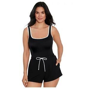 ShapeSolver Women's Black/White One-Piece Romper Swimsuit 10